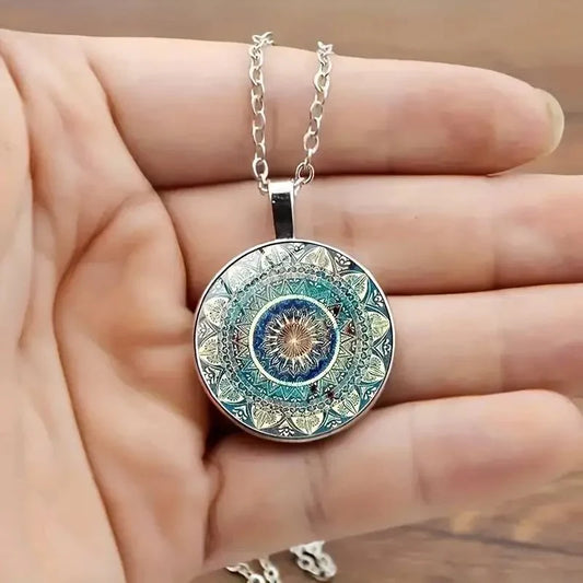 Vintage Blaue Abgerundete Mandala Halskette