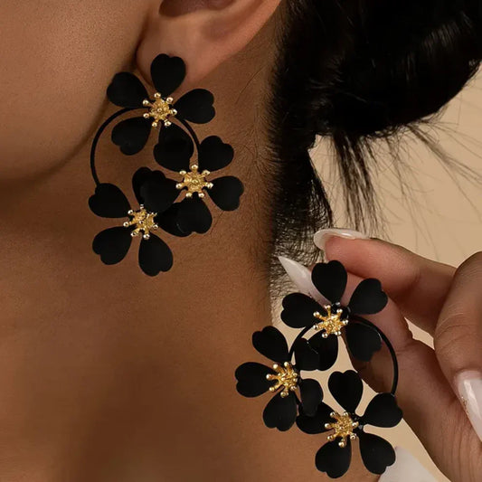 Vintage Schwarze Blumen Tropfen Ohrringe